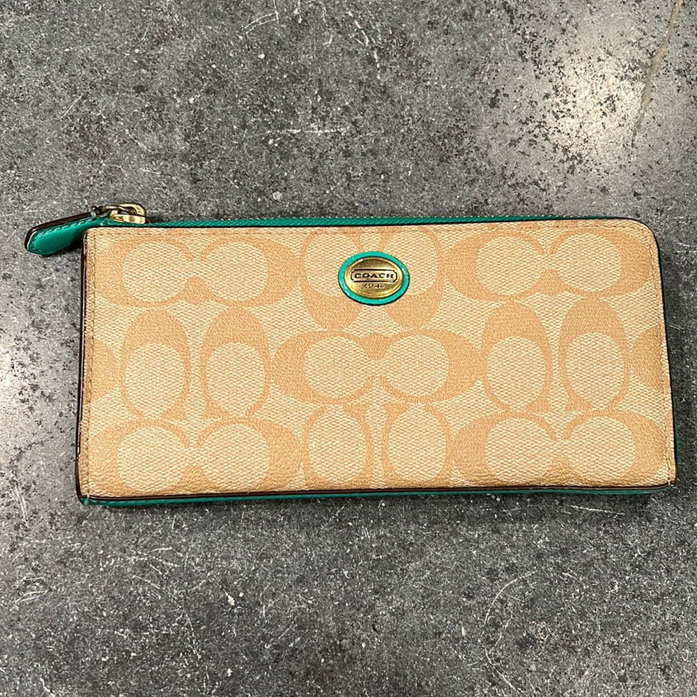 Coach Dempsey Large Wallet In Signature Jacquard print- teal lining- double zip